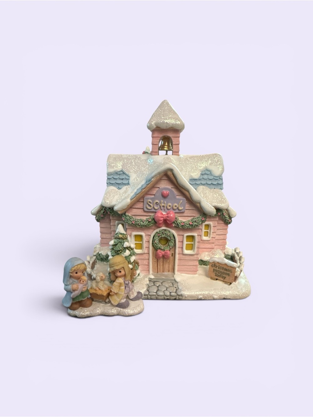 Hawthorne Village Merry Memories School Pink Holiday Schoolhouse Figurine